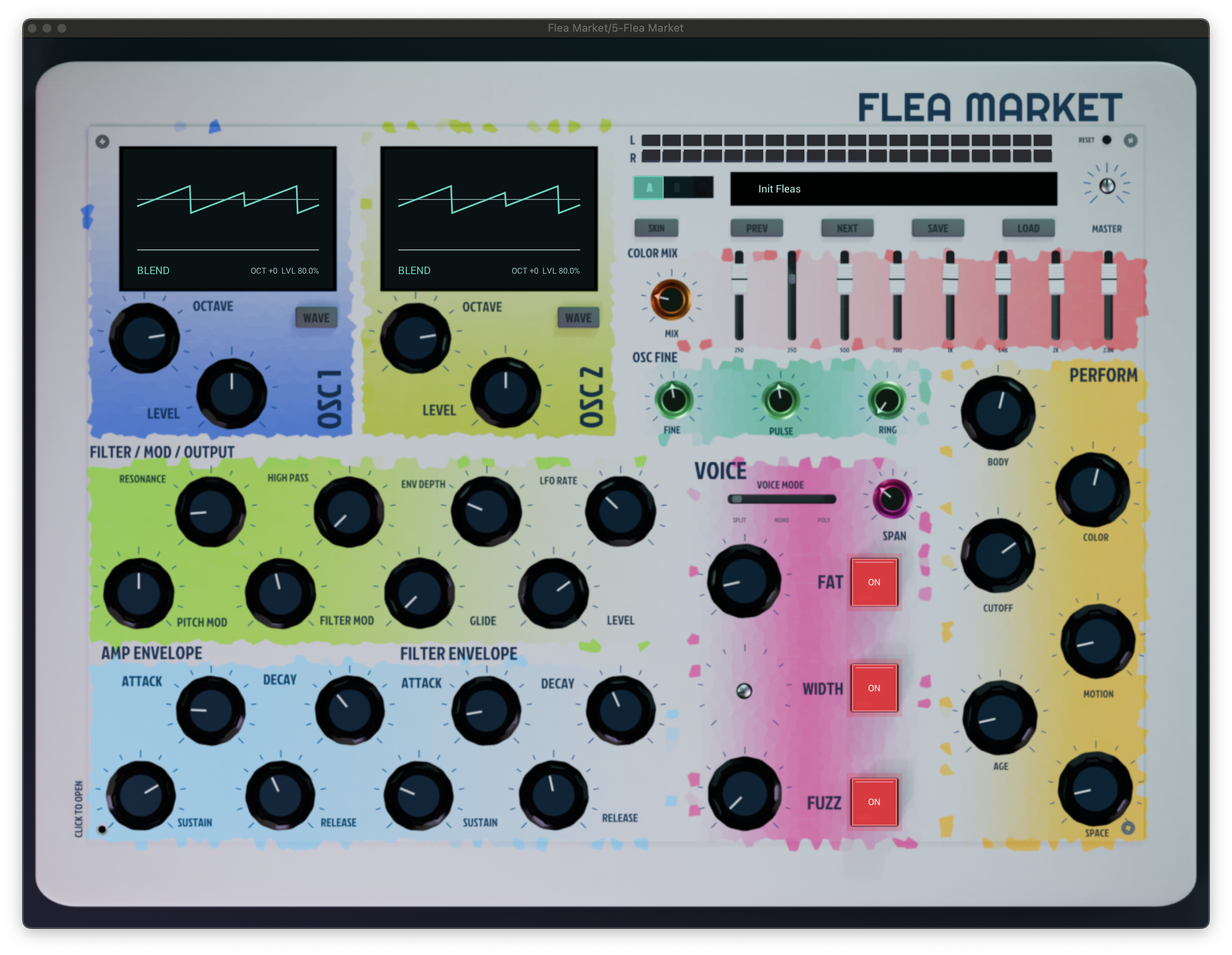 Actual Flea Market VST3 window showing both oscillator screens set to BLEND in Ableton Live